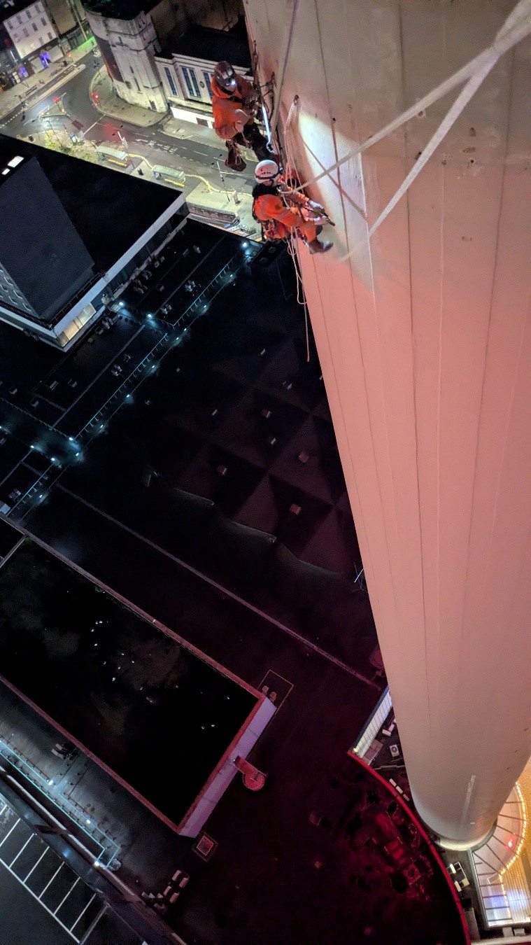Engineers scale iconic Liverpool tower for after-dark inspections
