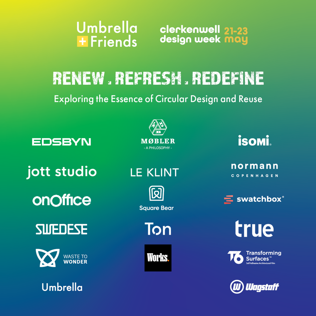 UMBRELLA FURNITURE AND WAGSTAFF ANNOUNCE THE BUSIEST SHOWROOM YET AT CLERKENWELL DESIGN WEEK 2024 WITH THEIR CELEBRATION OF CIRCULAR DESIGN.