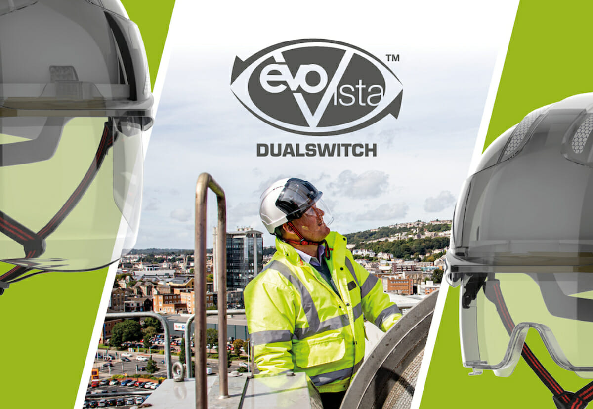 NEW EVO®VISTA™ DUALSWITCH™ helmet certified to both EN397 and EN12492 with integrated eye protection   @JSPLtd