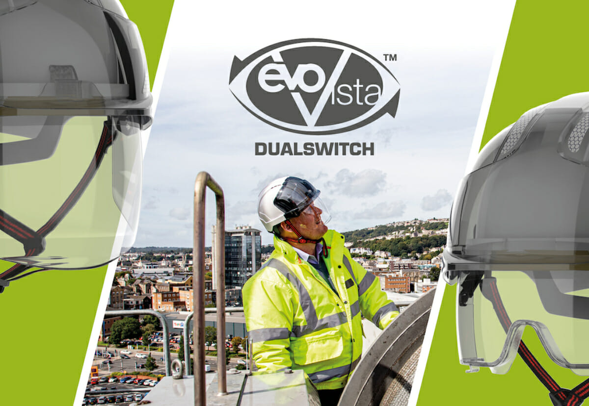 NEW EVO®VISTA™ DUALSWITCH™ helmet certified to both EN397 and EN12492 with integrated eye protection